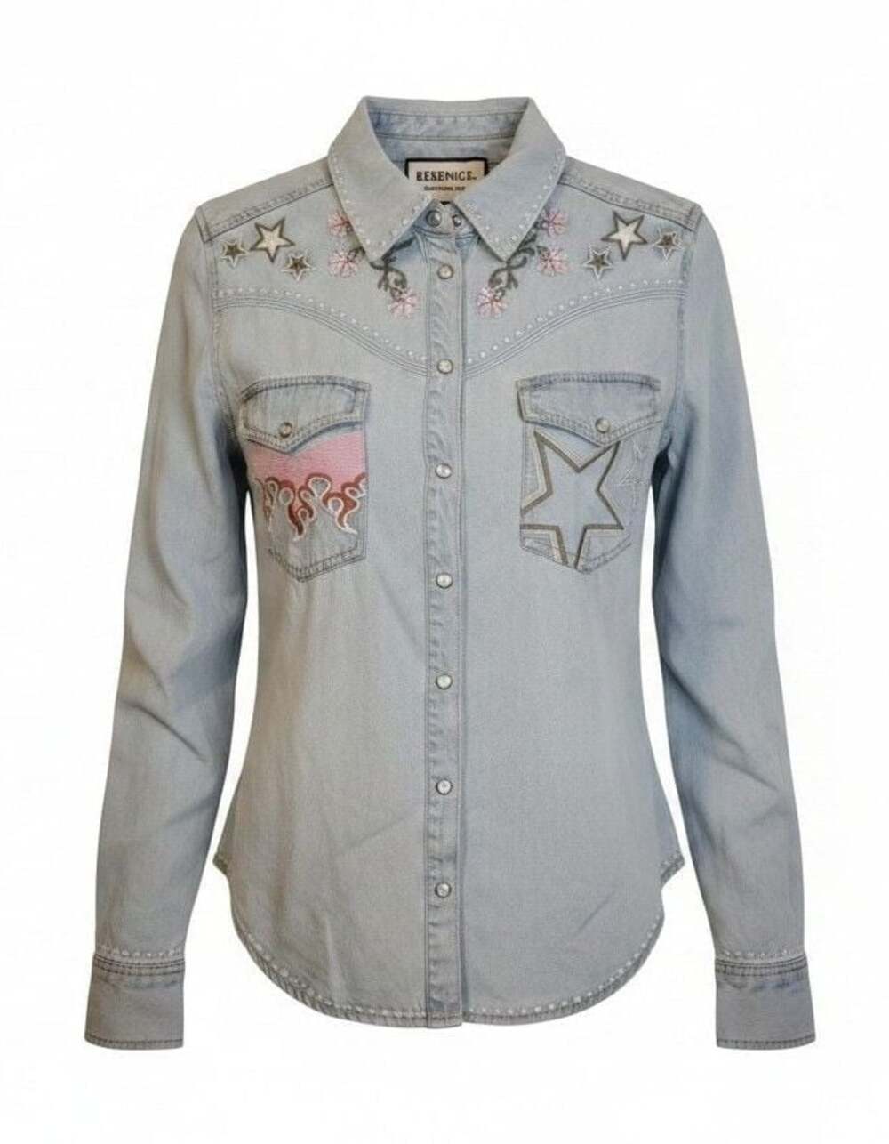 Berenice The Coolest Girl Embroidered Star Flame Western Denim Shirt